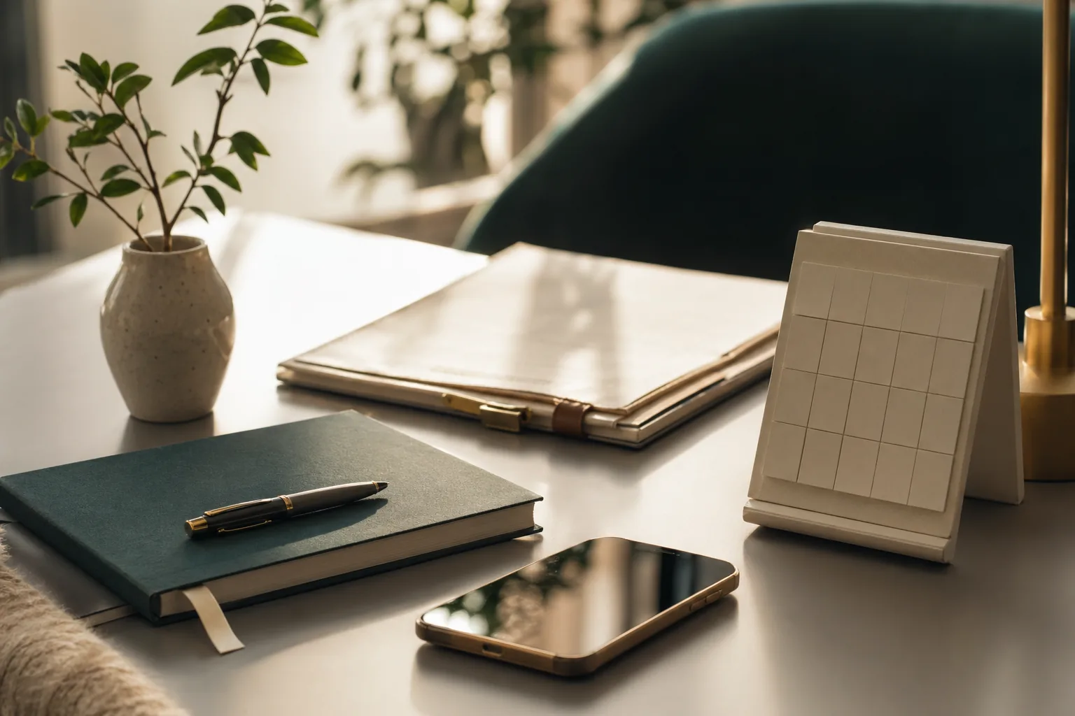 Organized aftercare support desk with phone and notebook