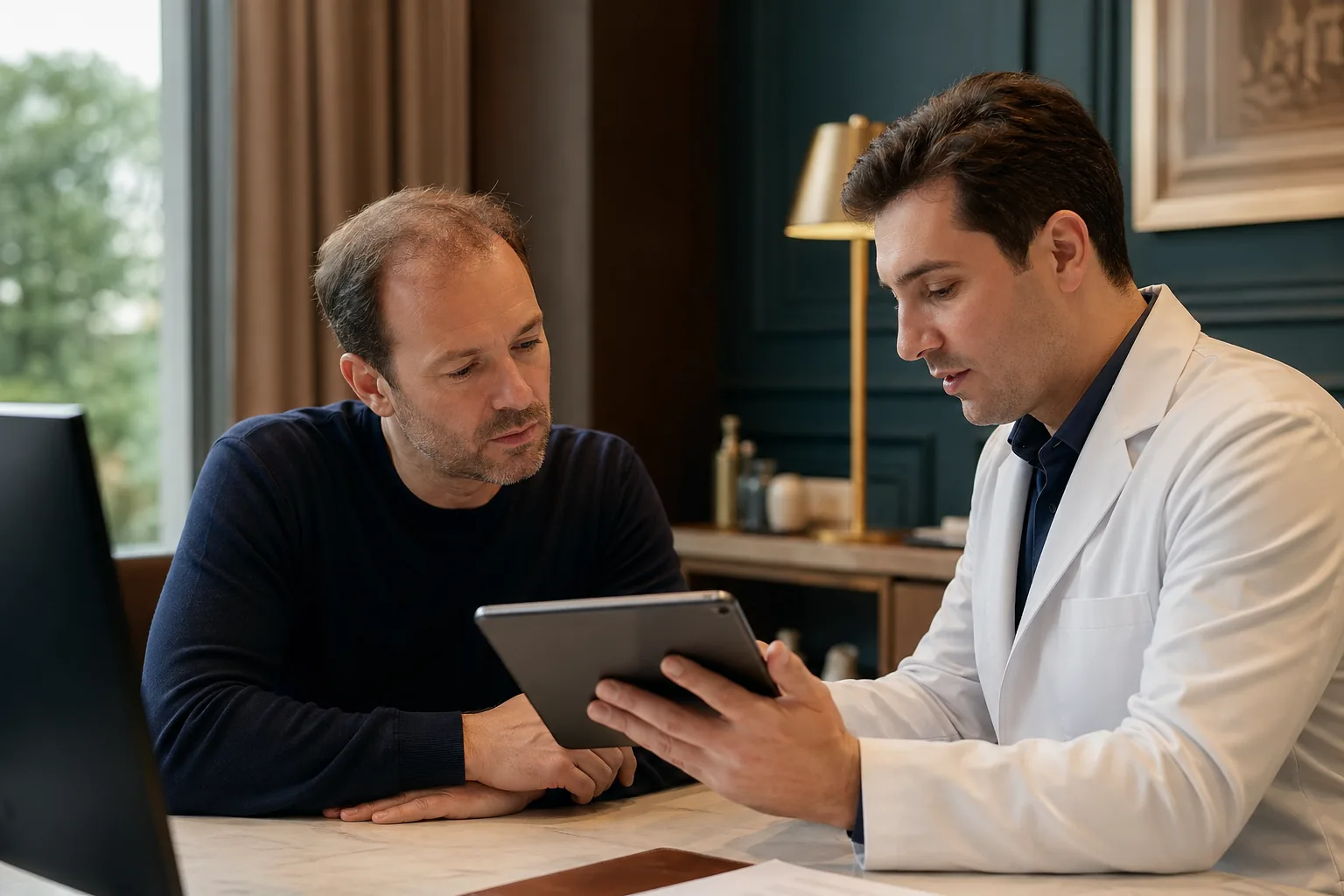 Hair transplant consultation with a patient showing visible hair thinning